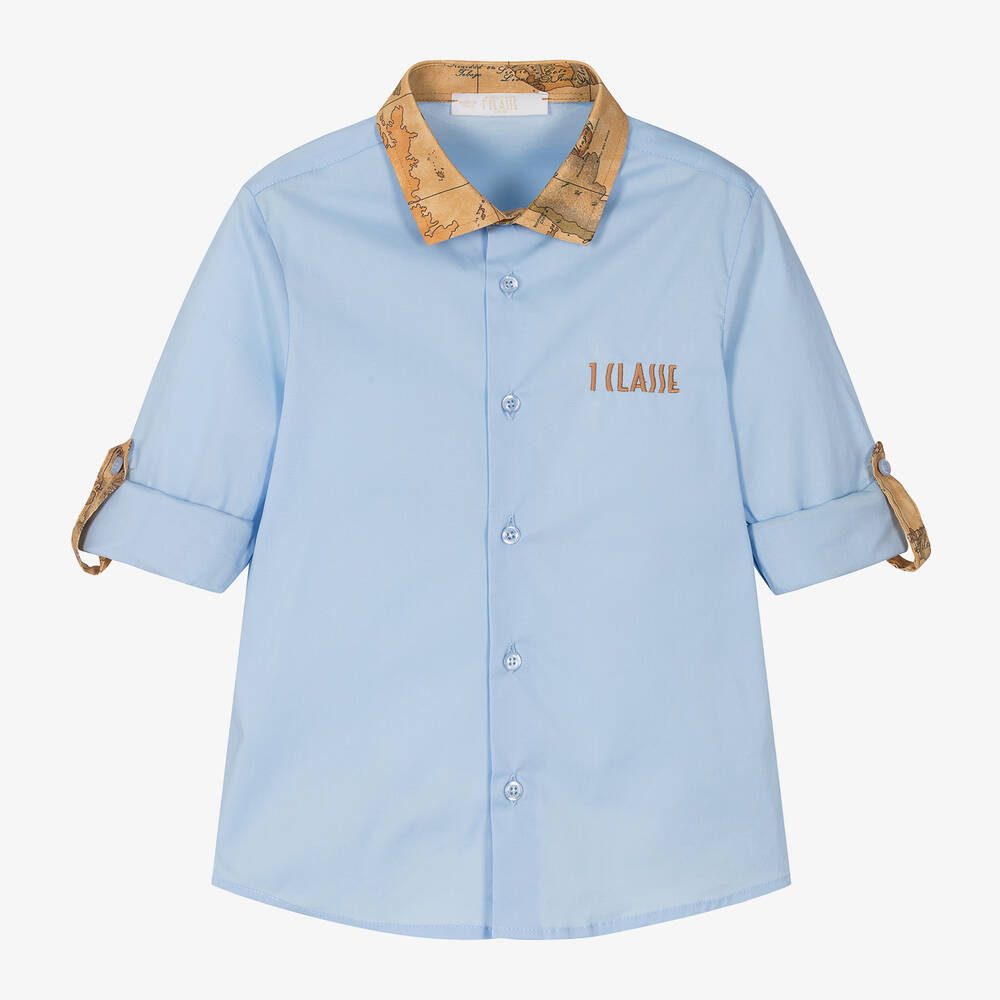Alviero Martini - Голубая хлопковая рубашка Geo Map для мальчиков | Childrensalon