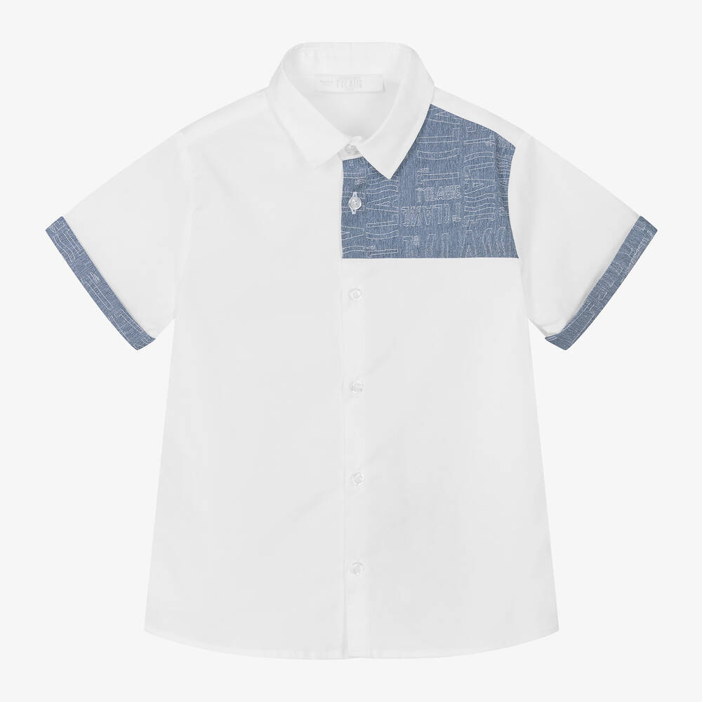 Alviero Martini - Boys White Cotton & Denim Shirt | Childrensalon