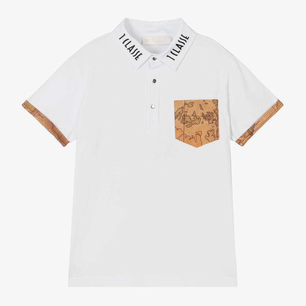 Alviero Martini - Boys White Cotton Geo Map Polo Shirt | Childrensalon