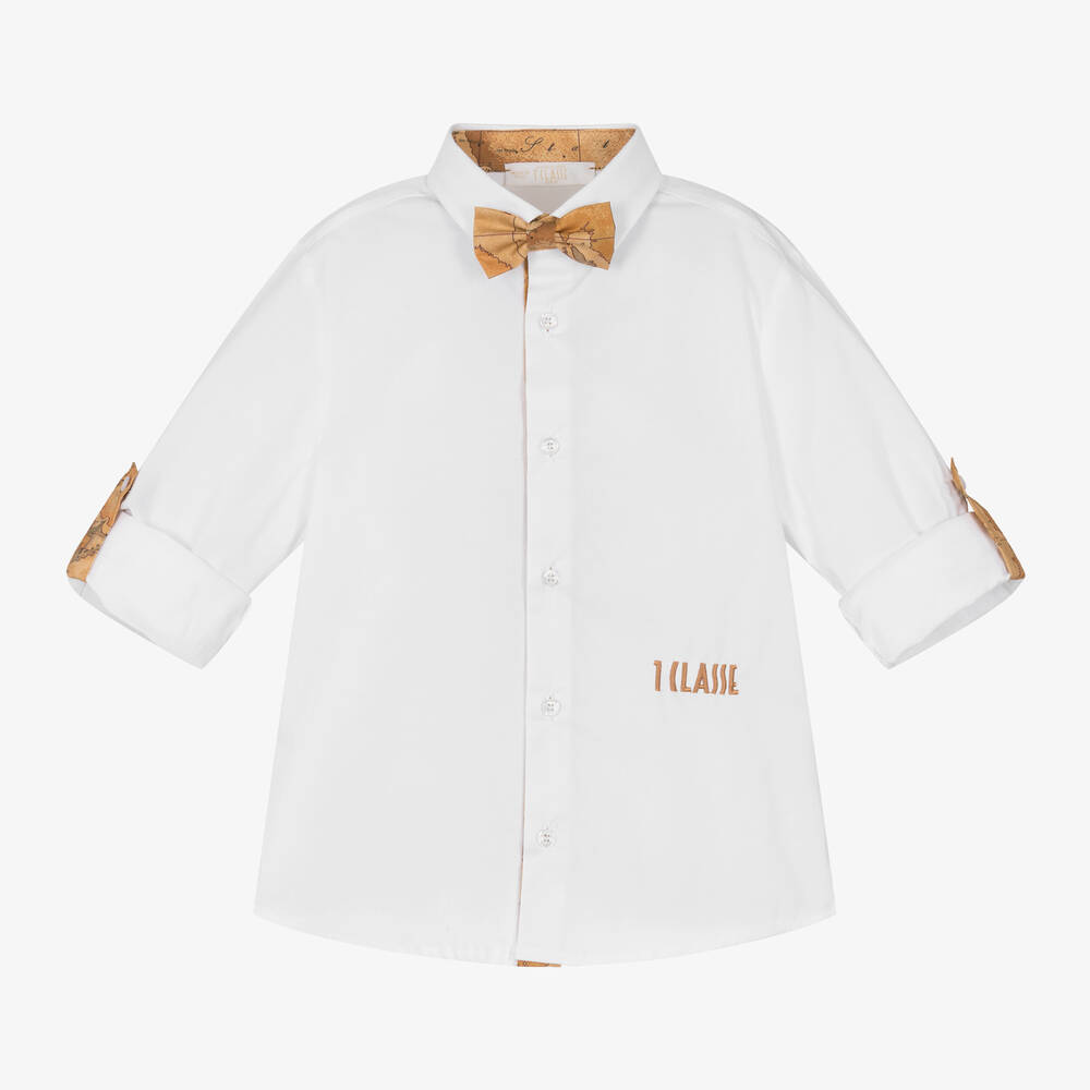 Alviero Martini - Boys White Cotton Shirt & Geo Map Bow Tie | Childrensalon