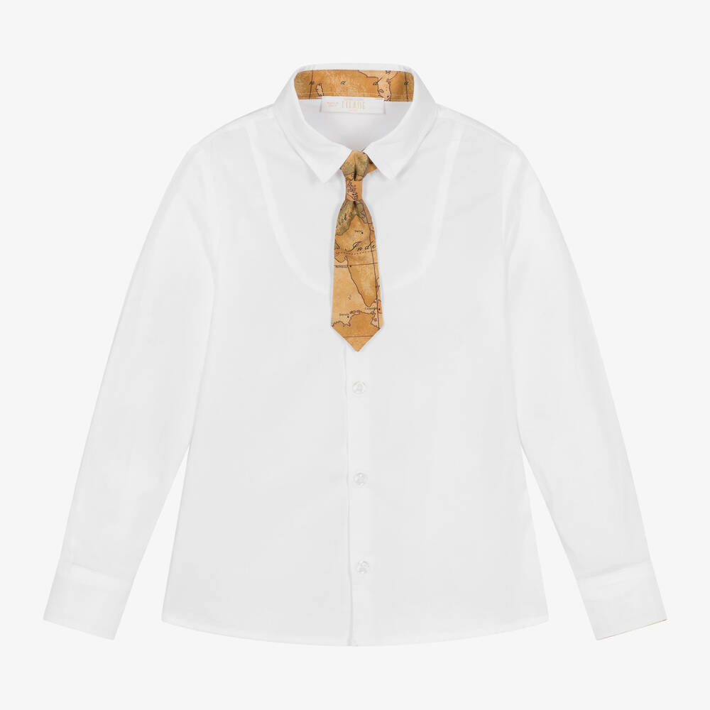 Alviero Martini - Белая хлопковая рубашка c галстуком Geo Map для мальчиков  | Childrensalon