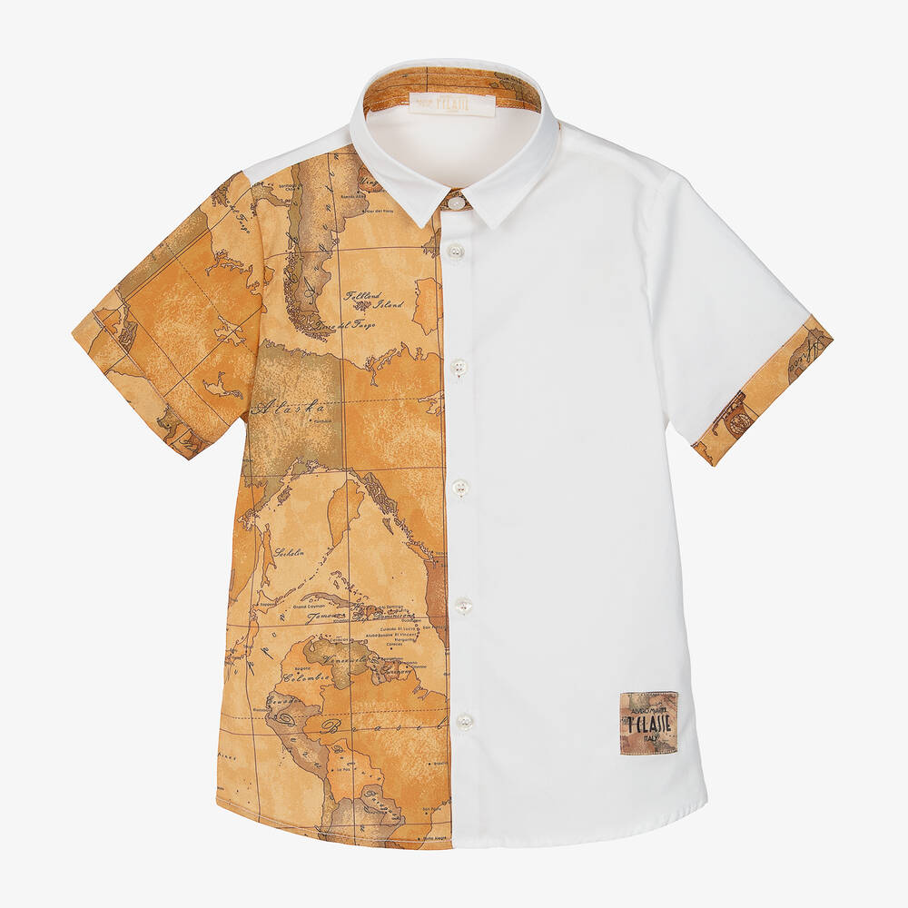 Alviero Martini - Boys White & Geo Map Cotton Shirt | Childrensalon