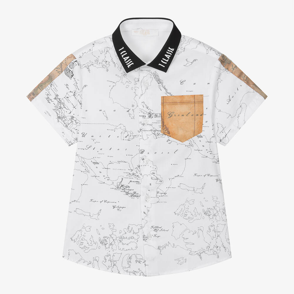 Alviero Martini - Boys White Geo Map Cotton Shirt | Childrensalon