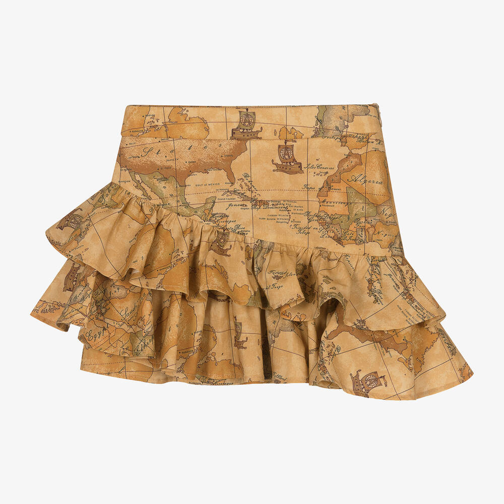 Alviero Martini - Girls Beige Geo Map Ruffle Cotton Skirt | Childrensalon
