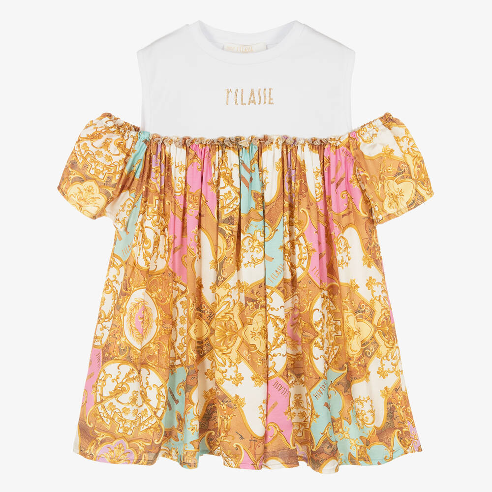 Alviero Martini Babies' Girls Gold & Pink Arabic Print Dress