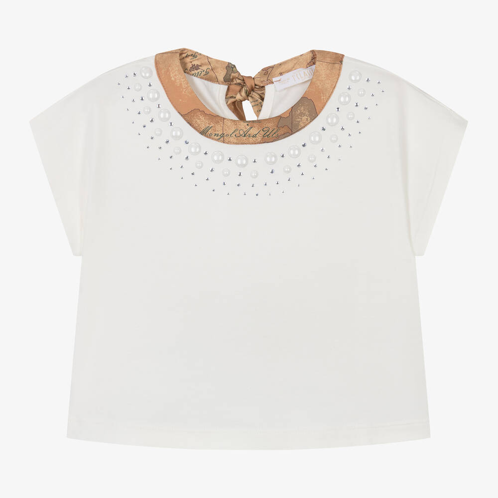 Alviero Martini - Girls Ivory Embellished Geo Map Cotton T-Shirt | Childrensalon