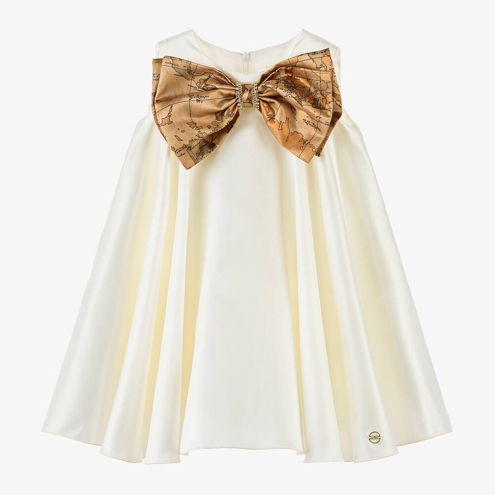 Alviero Martini - Girls Ivory Satin & Geo Map Bow Dress | Childrensalon