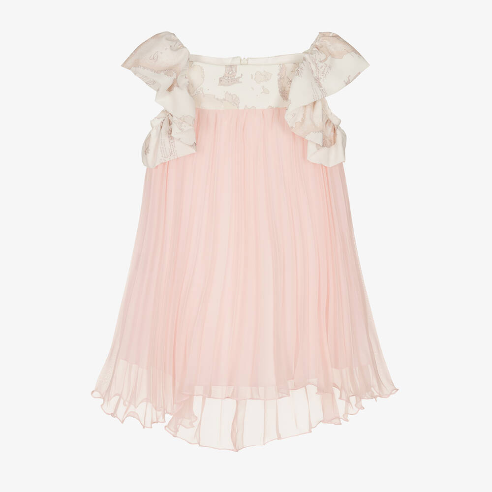 Alviero Martini Babies' Girls Pink Chiffon Plissé Geo Map Dress
