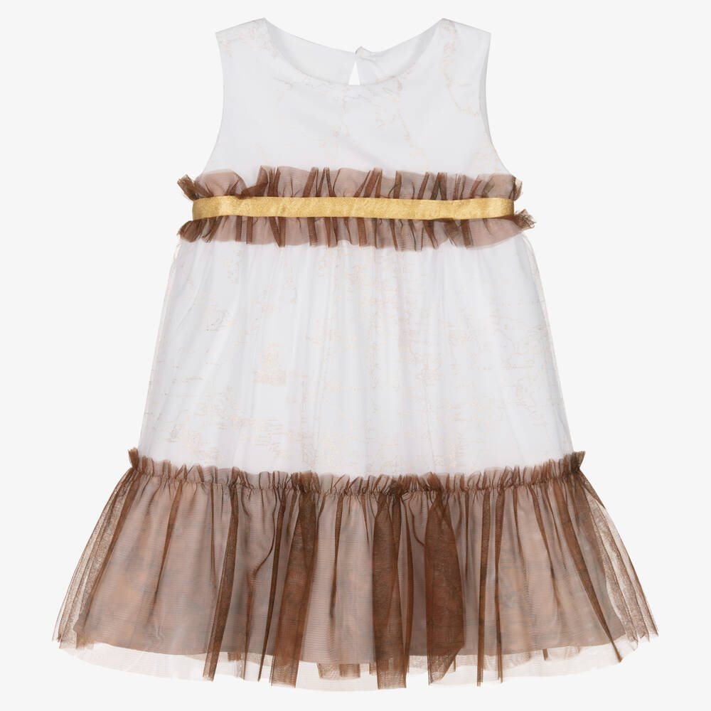 Alviero Martini Babies' Girls White & Gold Geo Map Dress