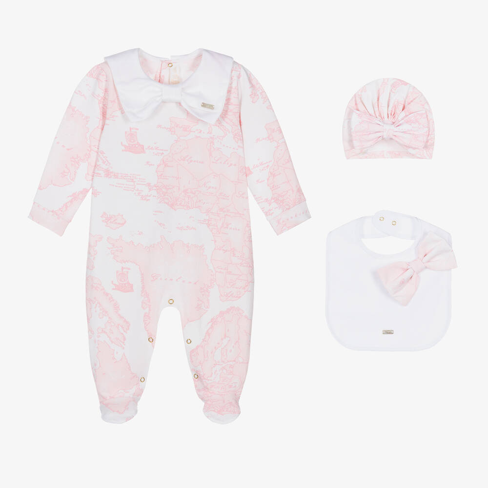 Alviero Martini - Girls White & Pink Geo Map Babysuit Set | Childrensalon