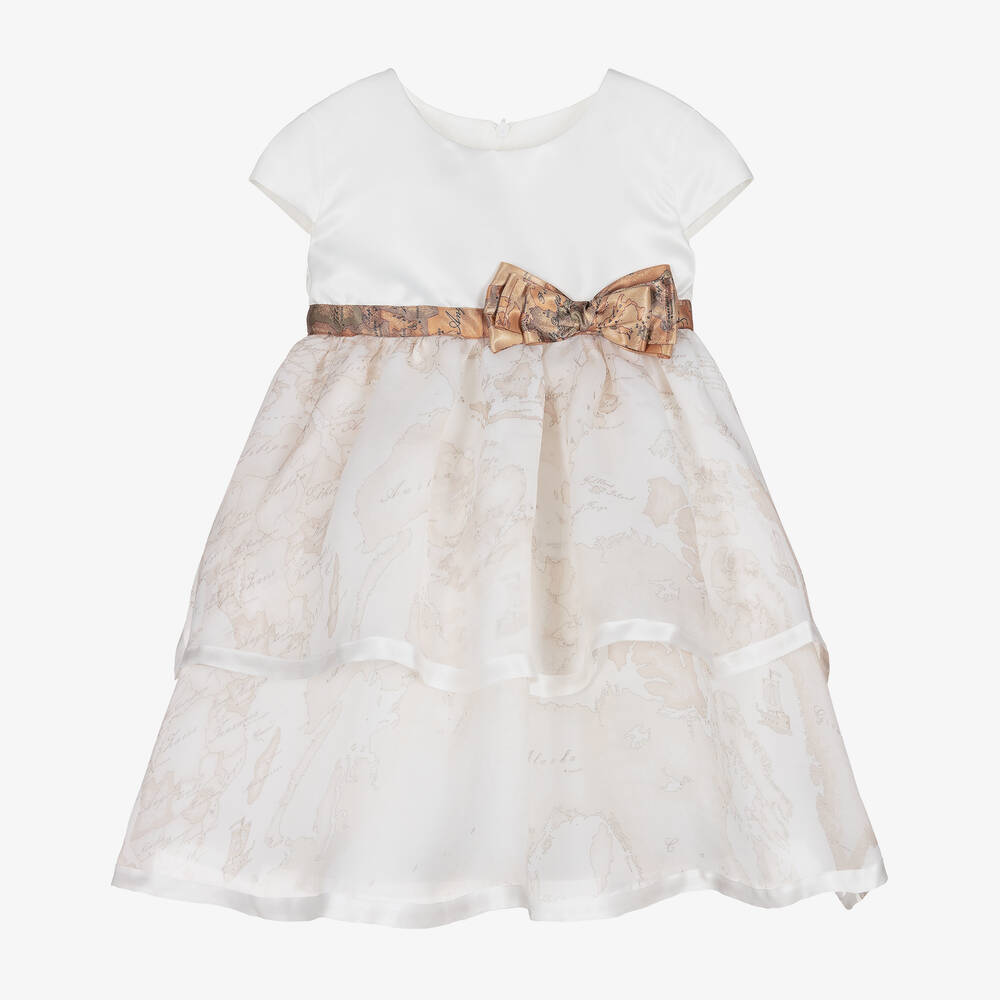 Alviero Martini Babies' Girls White Satin Geo Map Dress In Ivory