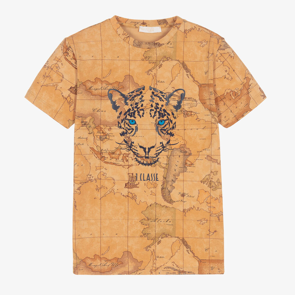 Alviero Martini Teen Boys Beige Geo Map Tiger T-shirt