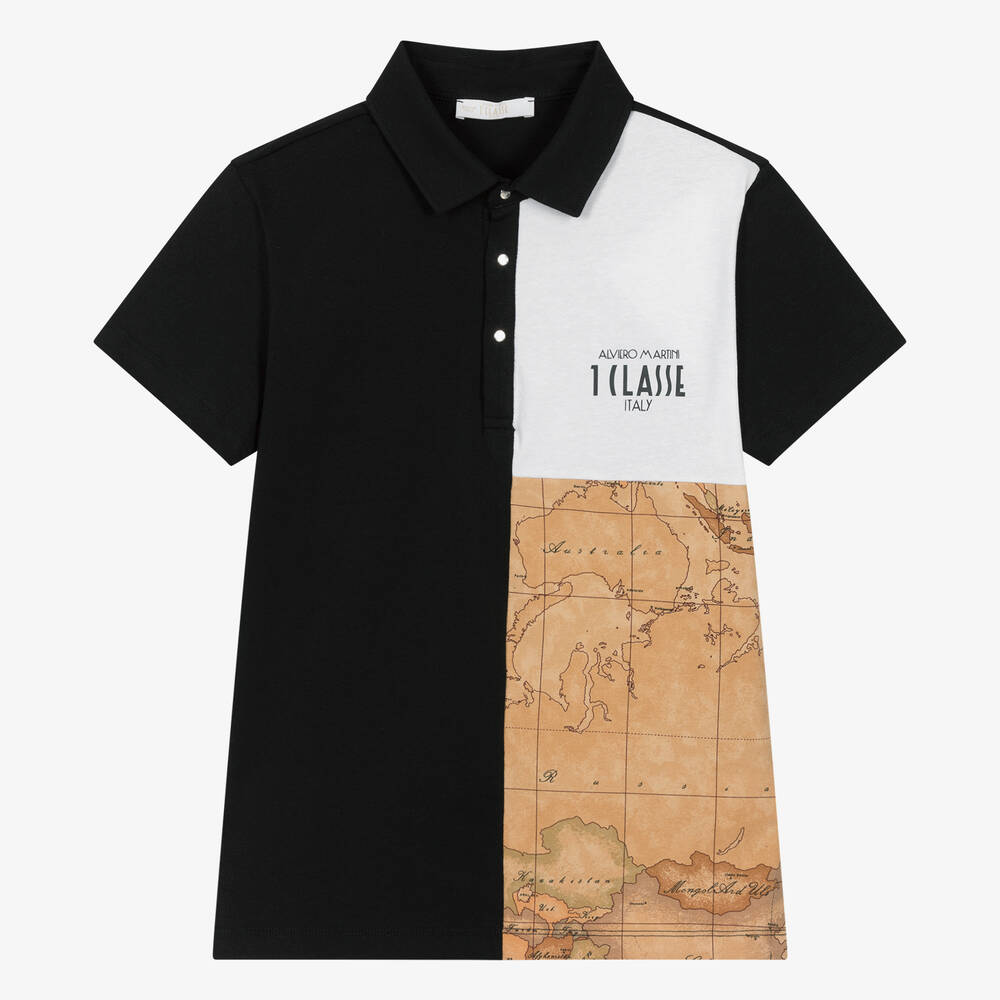 Alviero Martini - Teen Boys Black Geo Map Cotton Polo Shirt | Childrensalon