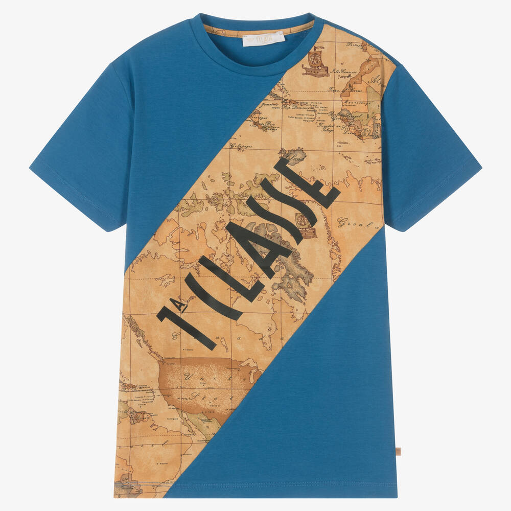 Alviero Martini Teen Boys Blue Cotton Geo Map T-shirt