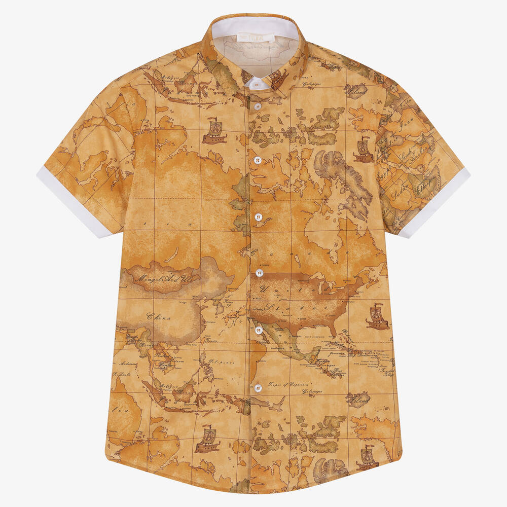 Alviero Martini Teen Boys Cotton Geo Map Print Shirt In Beige