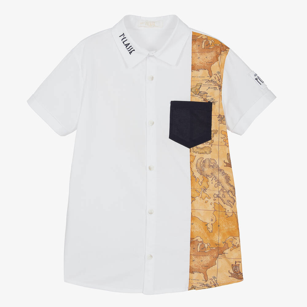 Alviero Martini Teen Boys White & Beige Geo Map Shirt