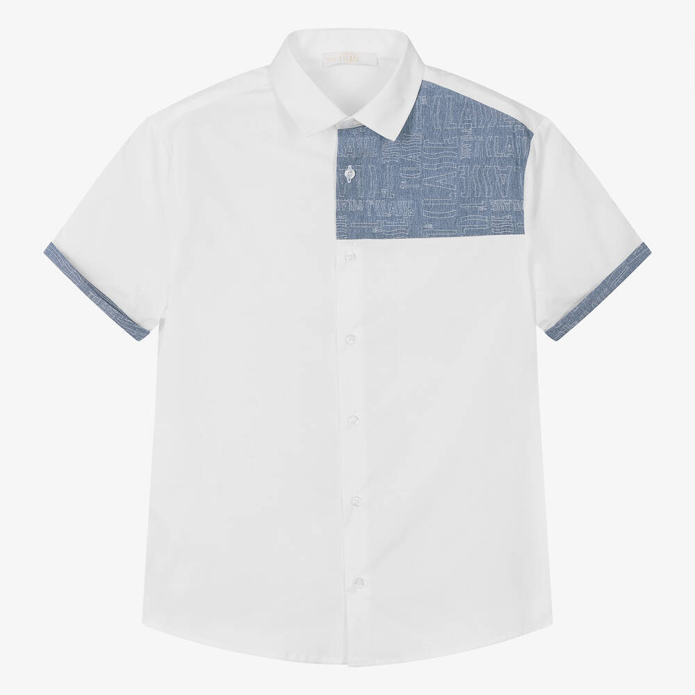 Alviero Martini - Teen Boys White Cotton & Denim Shirt | Childrensalon