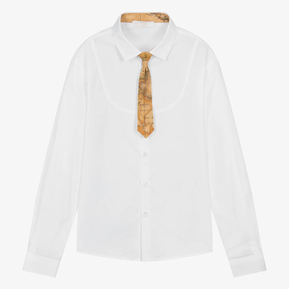 Alviero Martini - Белая хлопковая рубашка с галстуком Geo Map для мальчиков-подростков  | Childrensalon