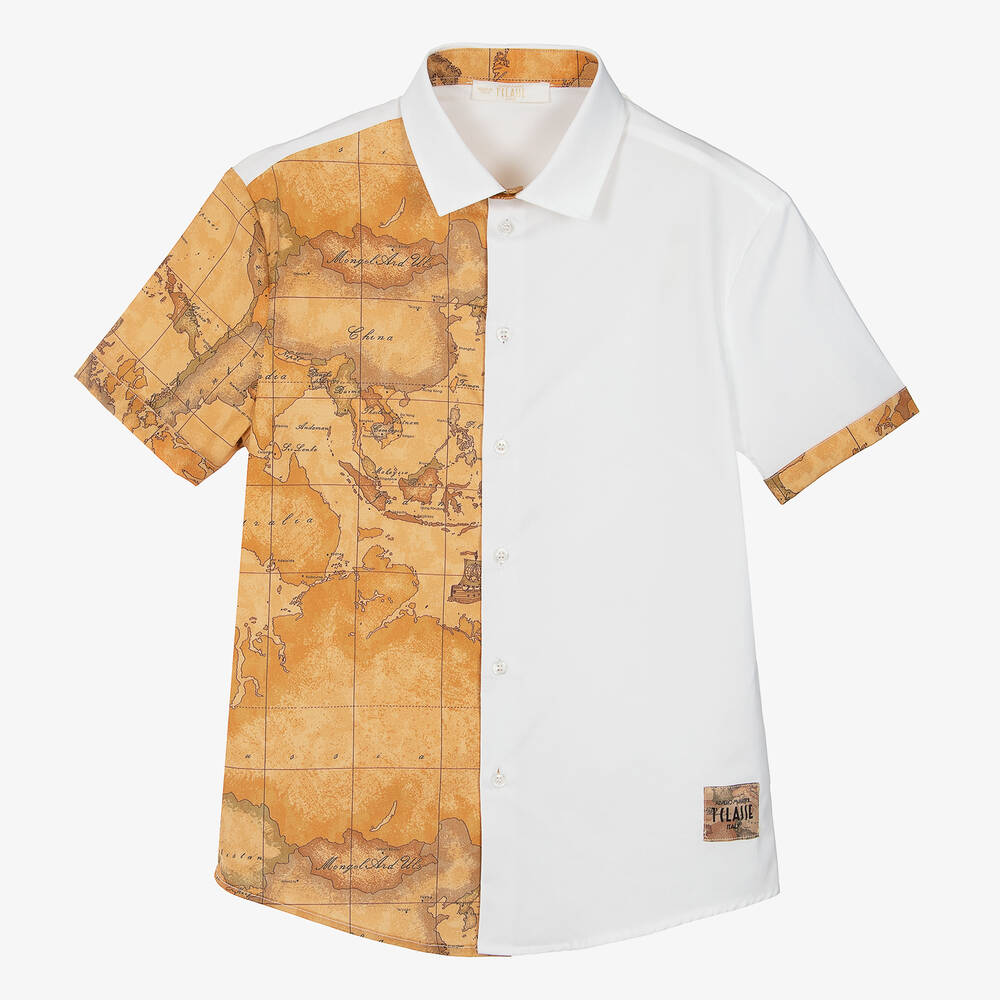 Alviero Martini Teen Boys White & Geo Map Cotton Shirt