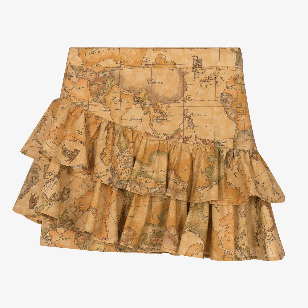 Alviero Martini - Бежевая хлопковая юбка Geo Map с оборками для подростков | Childrensalon