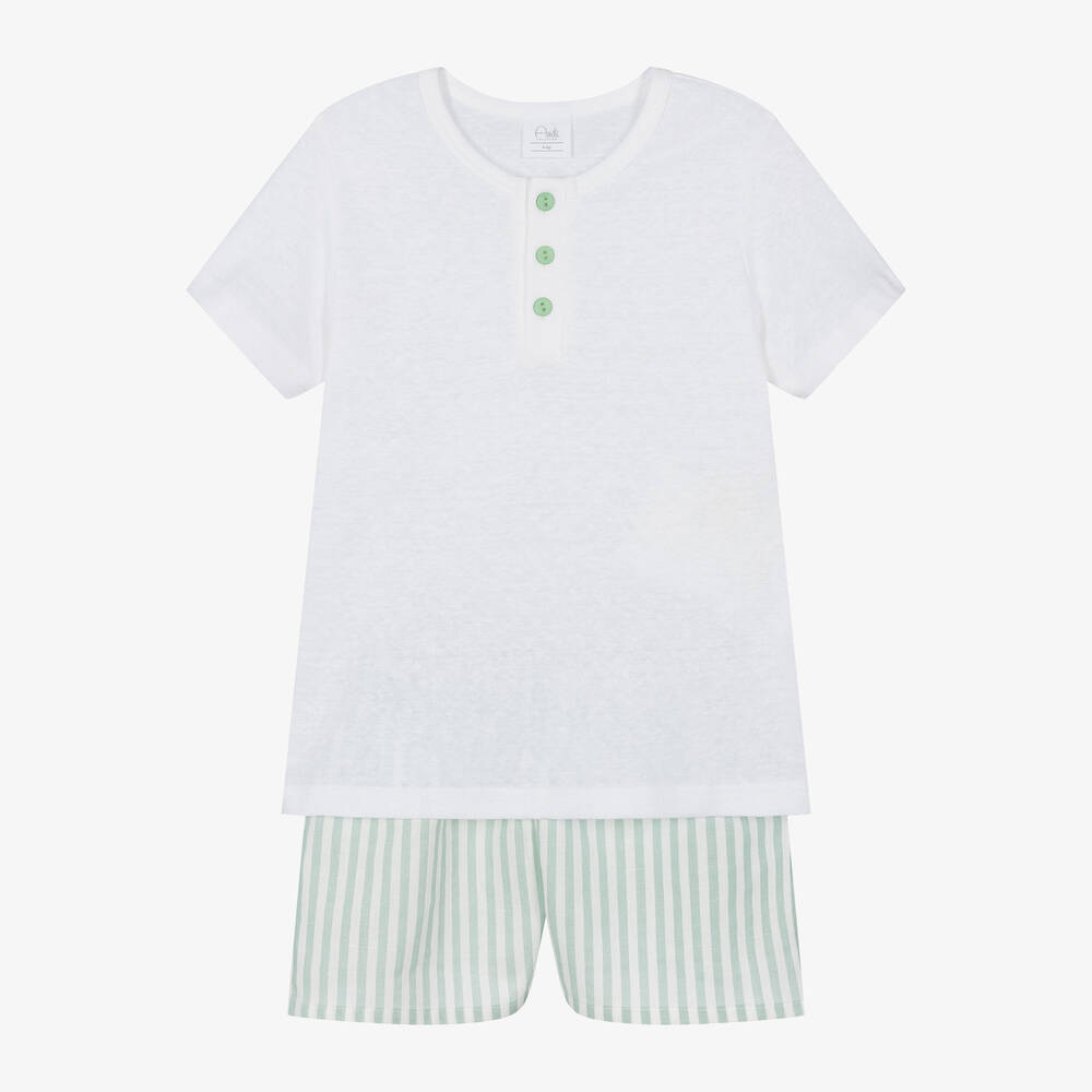AMIKI Children - Boys White & Green Cotton Short Pyjamas | Childrensalon
