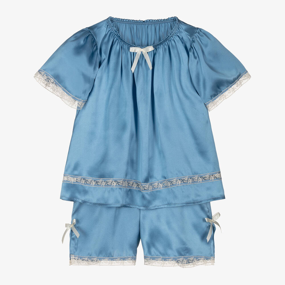 AMIKI Children - Girls Blue Silk Short Pyjamas | Childrensalon