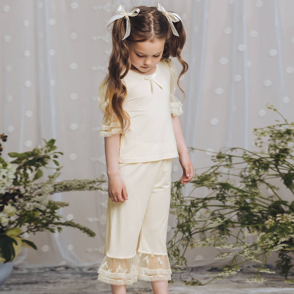AMIKI Children - Girls Ivory Modal & Lace Pyjamas | Childrensalon