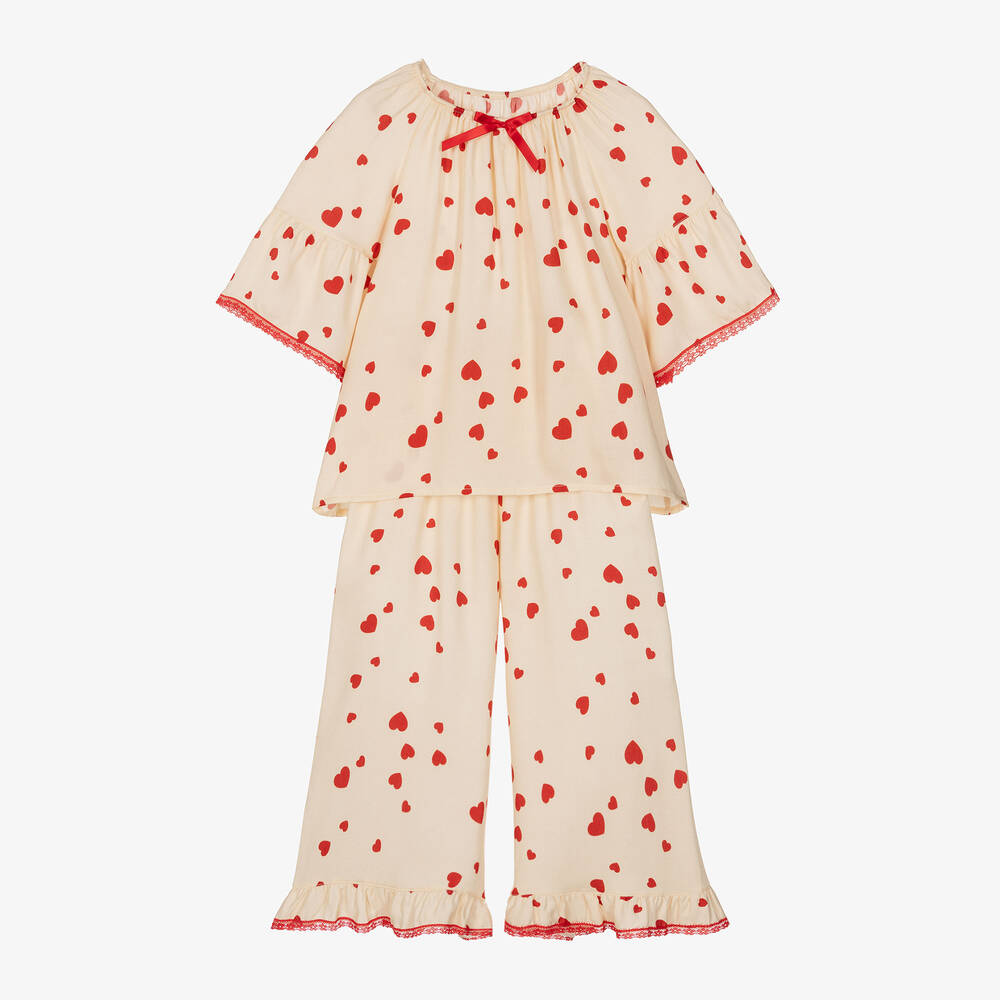 AMIKI Children - Girls Ivory Viscose Heart Print Pyjamas | Childrensalon