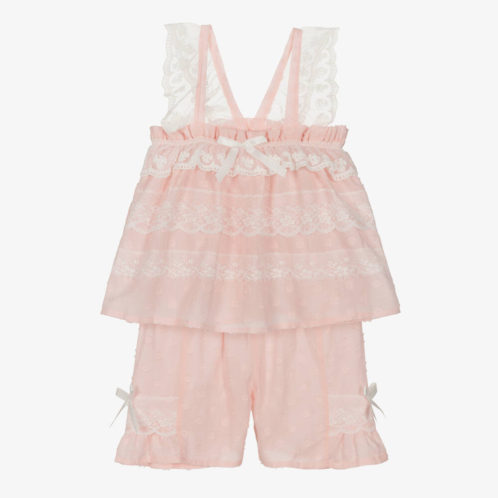 AMIKI Children - Короткая розовая пижама из хлопка с кружевом для девочек | Childrensalon