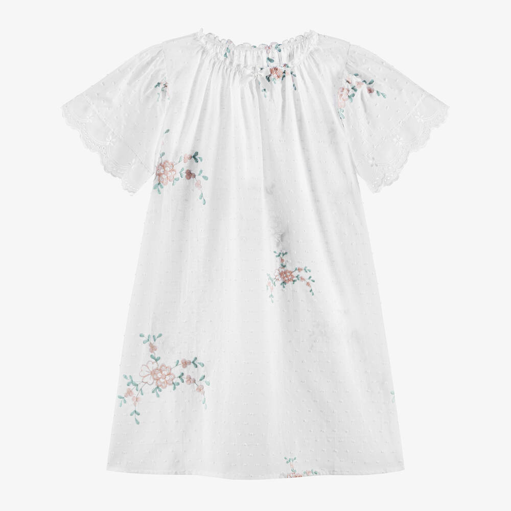 AMIKI Children - قميص نوم قطن جيرسي لون أبيض بطبعة ورود للبنات | Childrensalon