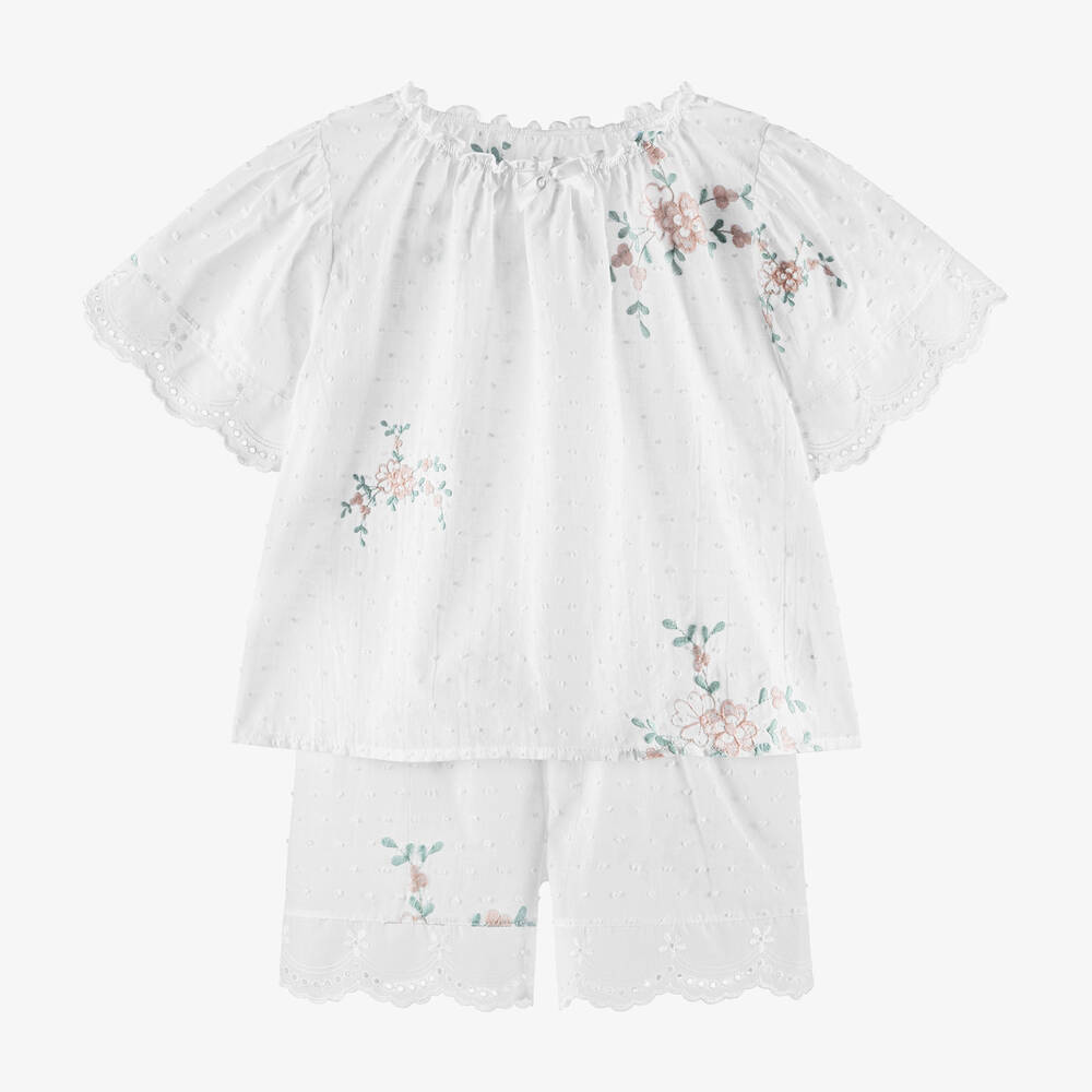 Amiki Children Girls White Cotton Floral Short Pyjamas