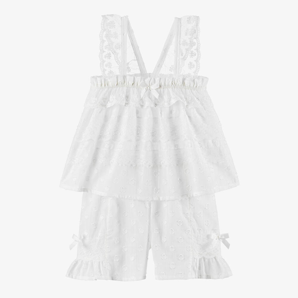 AMIKI Children - Короткая белая пижама из хлопка с кружевом для девочек | Childrensalon
