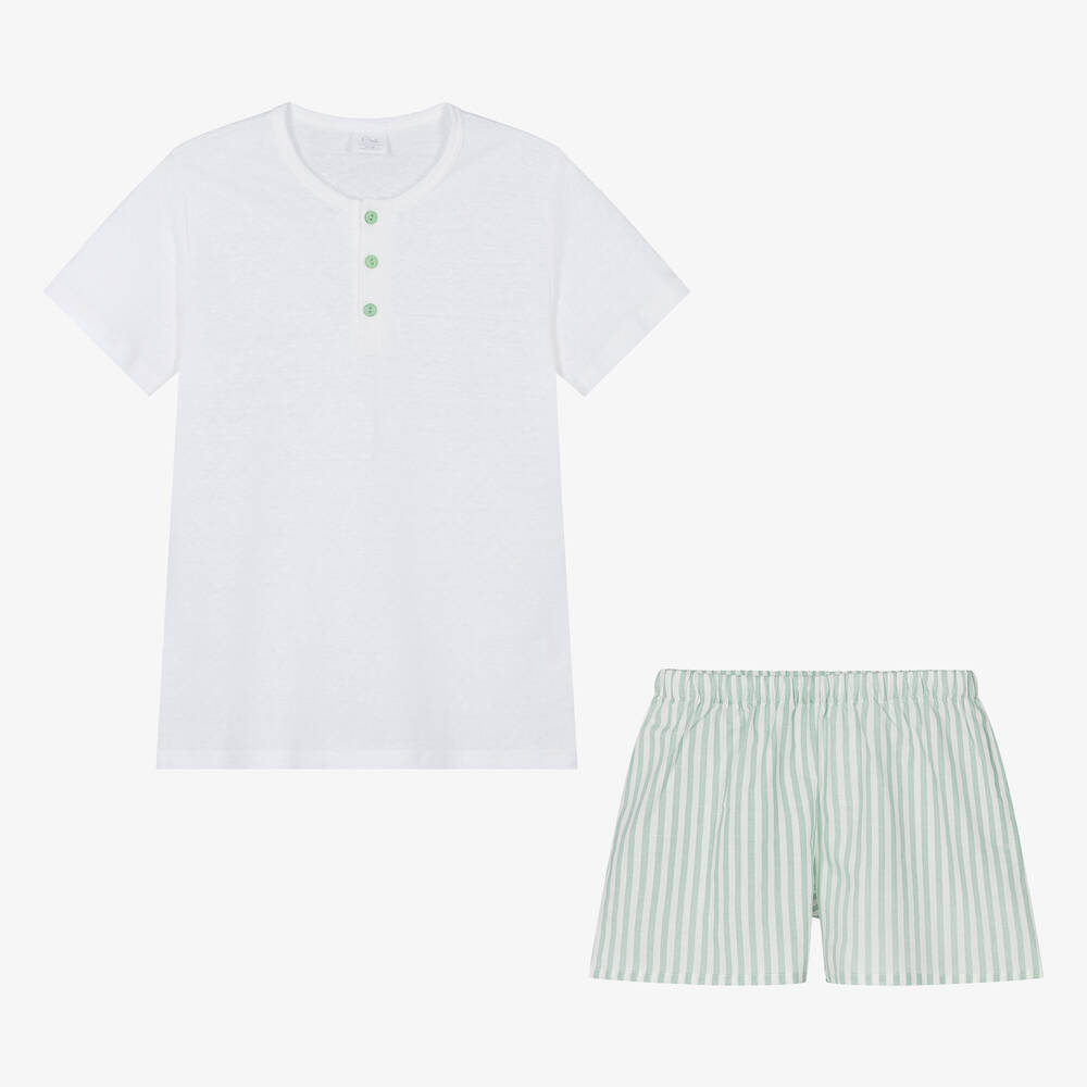 AMIKI Children - Teen Boys White & Green Cotton Short Pyjamas | Childrensalon