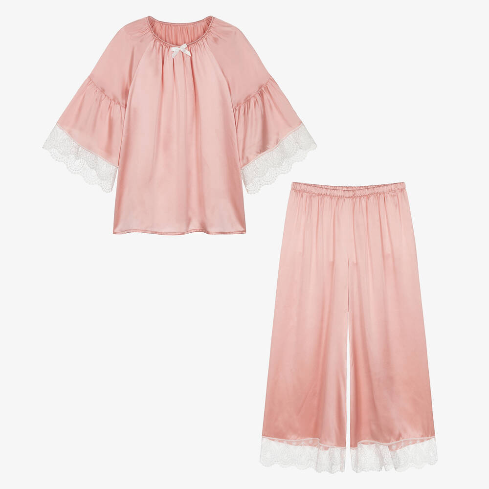 Amiki Children Teen Girls Pink Silk & Lace Pyjamas