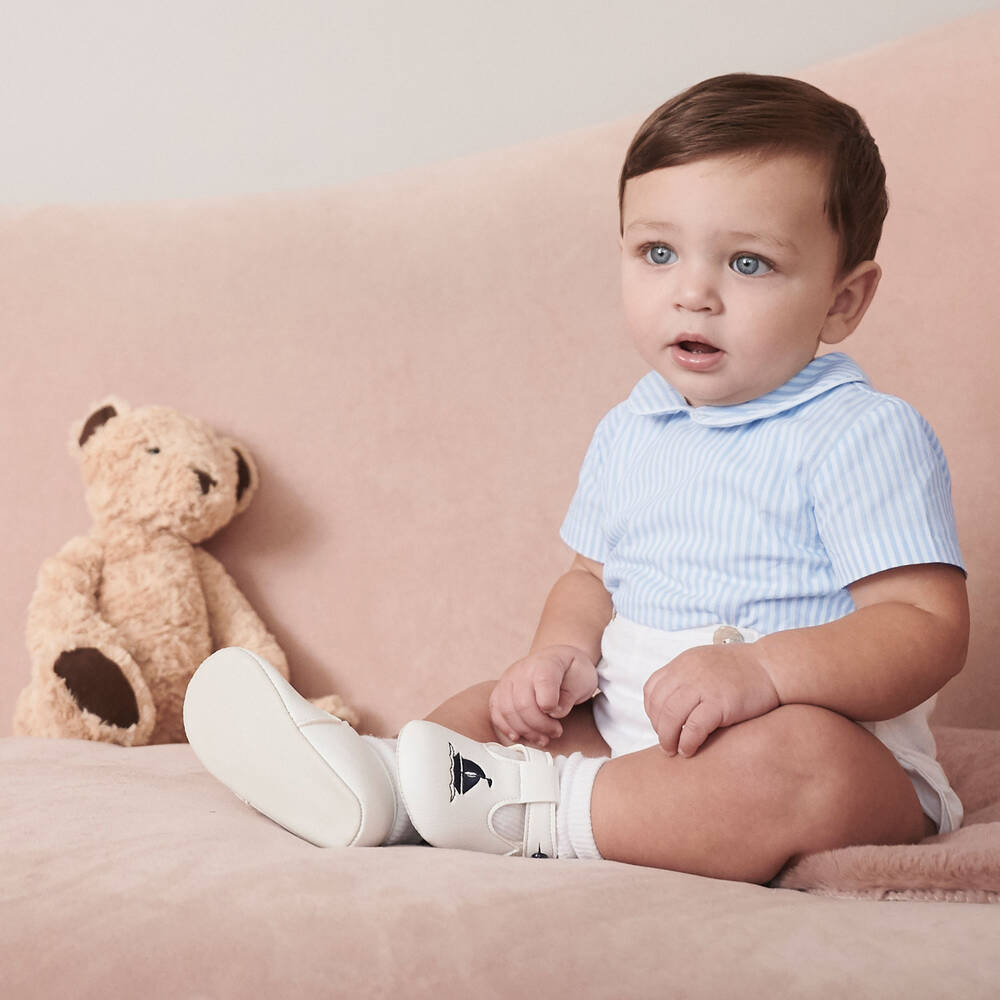 Ancar-Baby Boys Blue & White Linen Buster Suit | Childrensalon