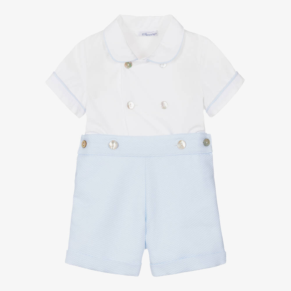 Ancar - Boys Blue & White Cotton Buster Suit | Childrensalon