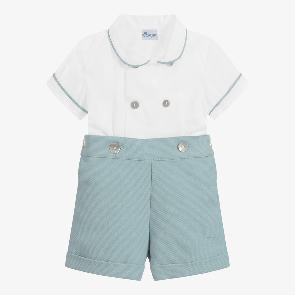 Ancar - Boys Green & White Cotton Buster Suit | Childrensalon