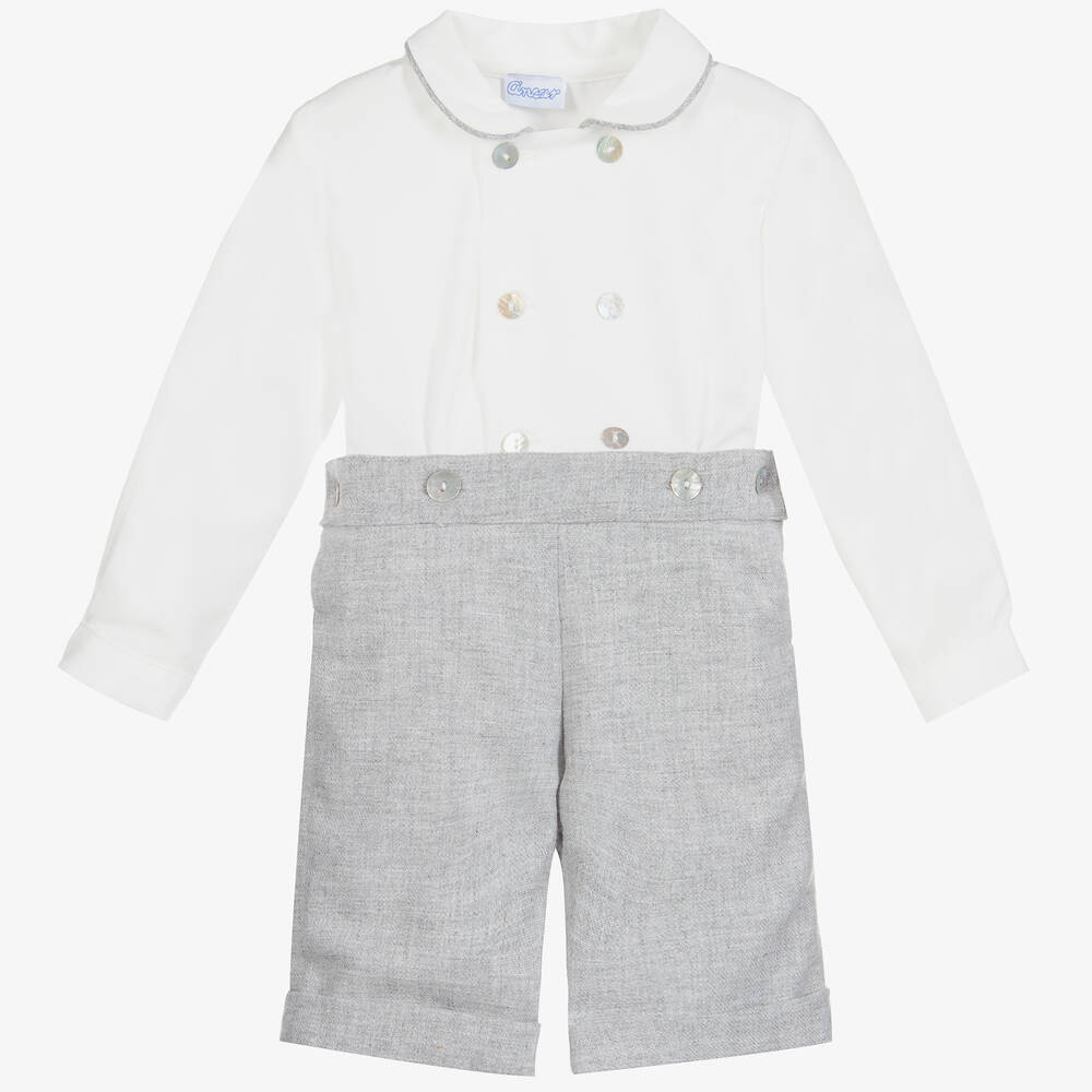 Ancar - Boys Grey & White Cotton Buster Suit | Childrensalon
