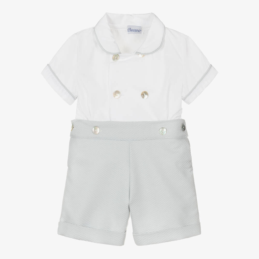 Ancar - Boys Grey & White Cotton Buster Suit | Childrensalon