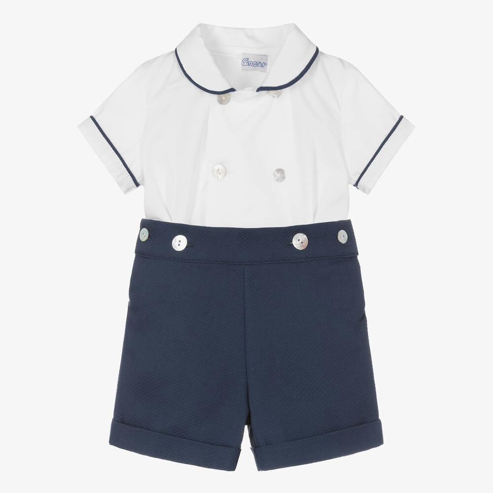 Ancar - Boys Navy Blue & White Cotton Buster Suit | Childrensalon