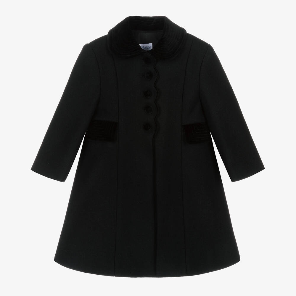 Ancar - Girls Black Wool & Velvet Coat | Childrensalon