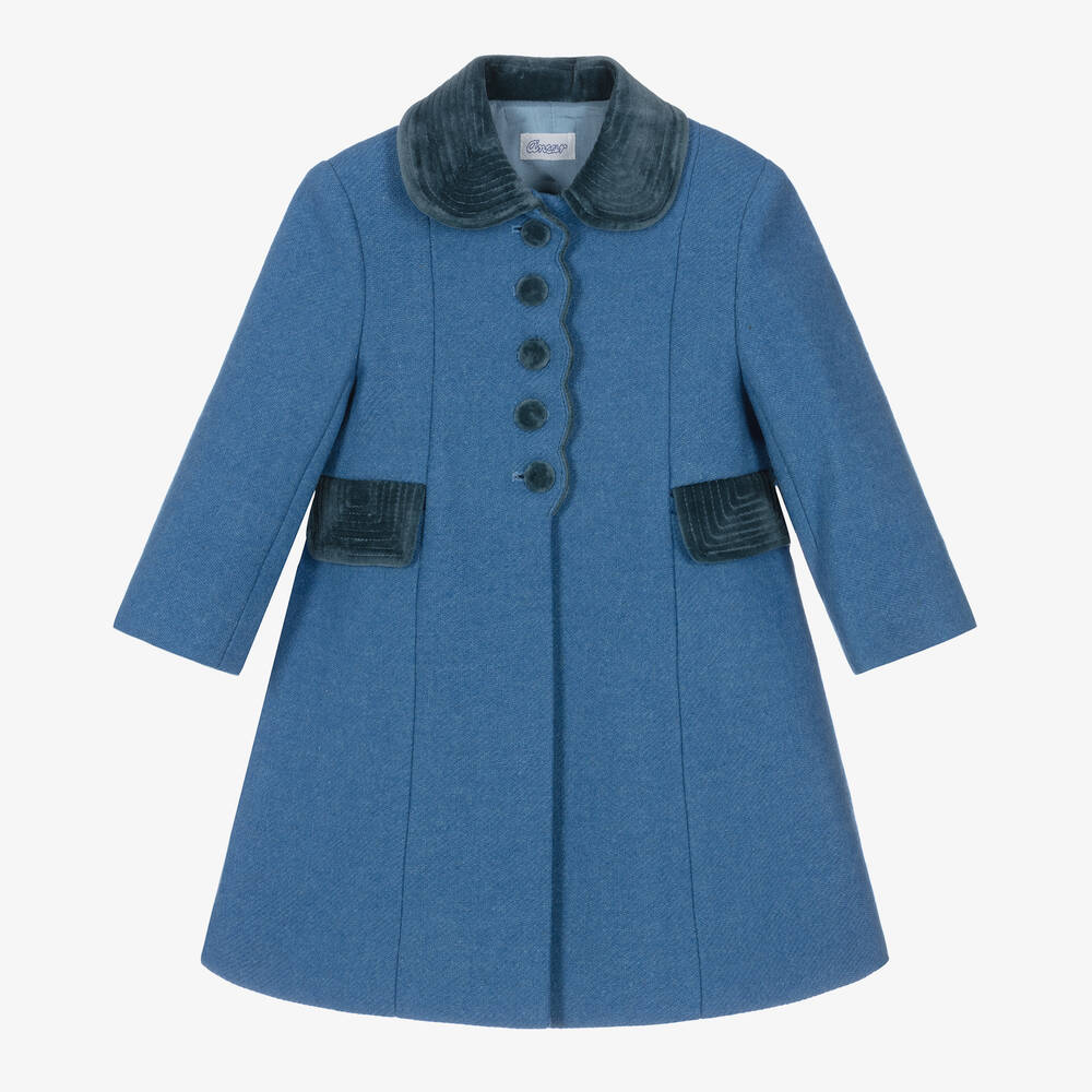 Ancar - Girls Blue Wool & Velvet Coat  | Childrensalon