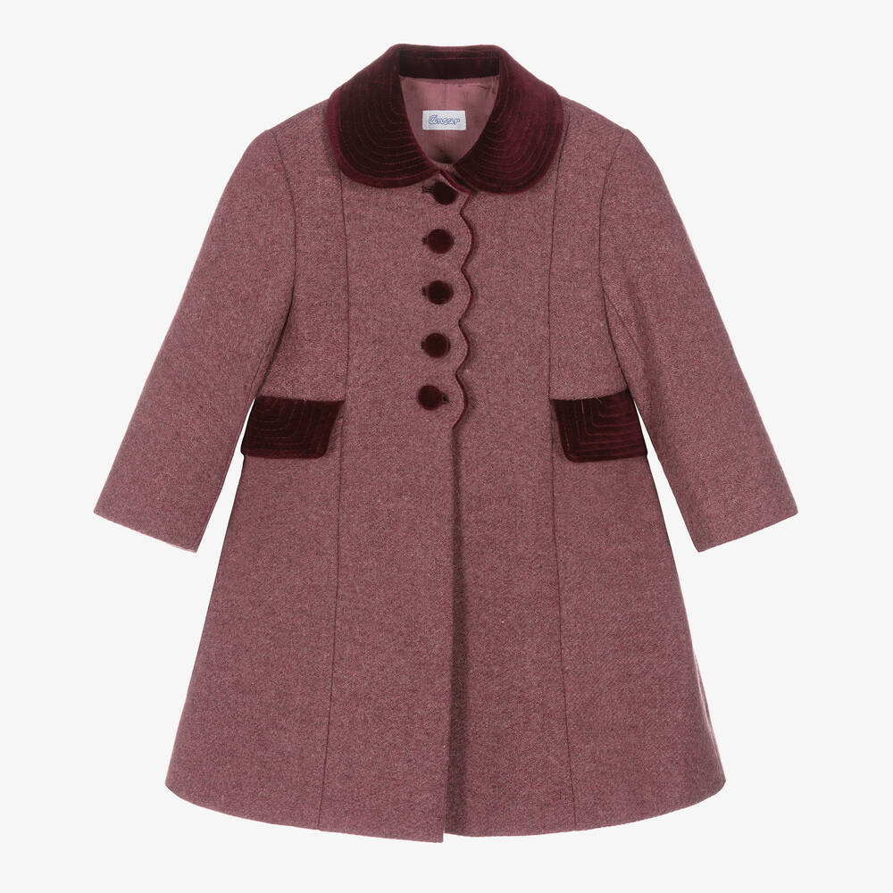 Ancar - Girls Burgundy Red Wool & Velvet Coat | Childrensalon