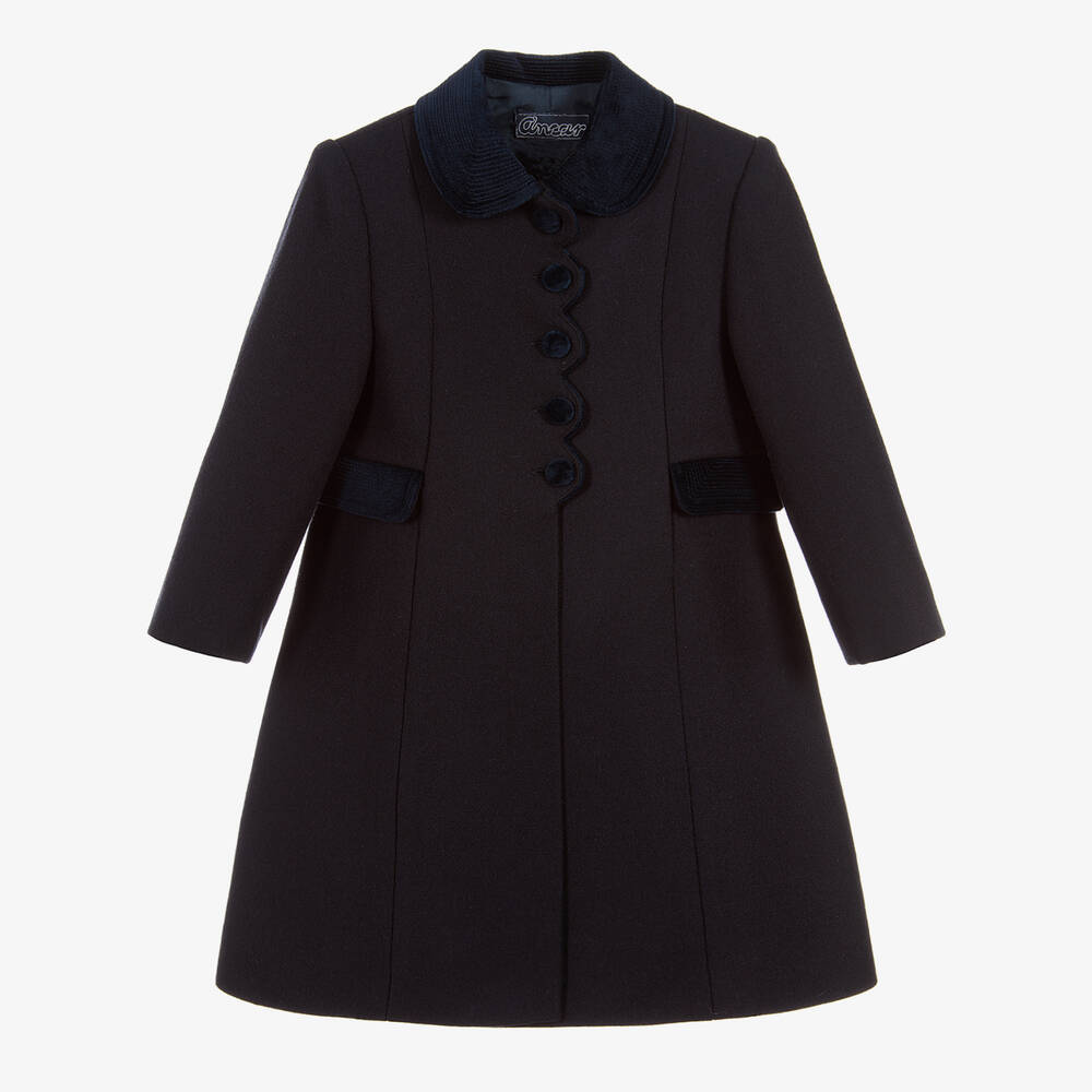 Ancar - Girls Navy Blue Wool & Velvet Coat  | Childrensalon