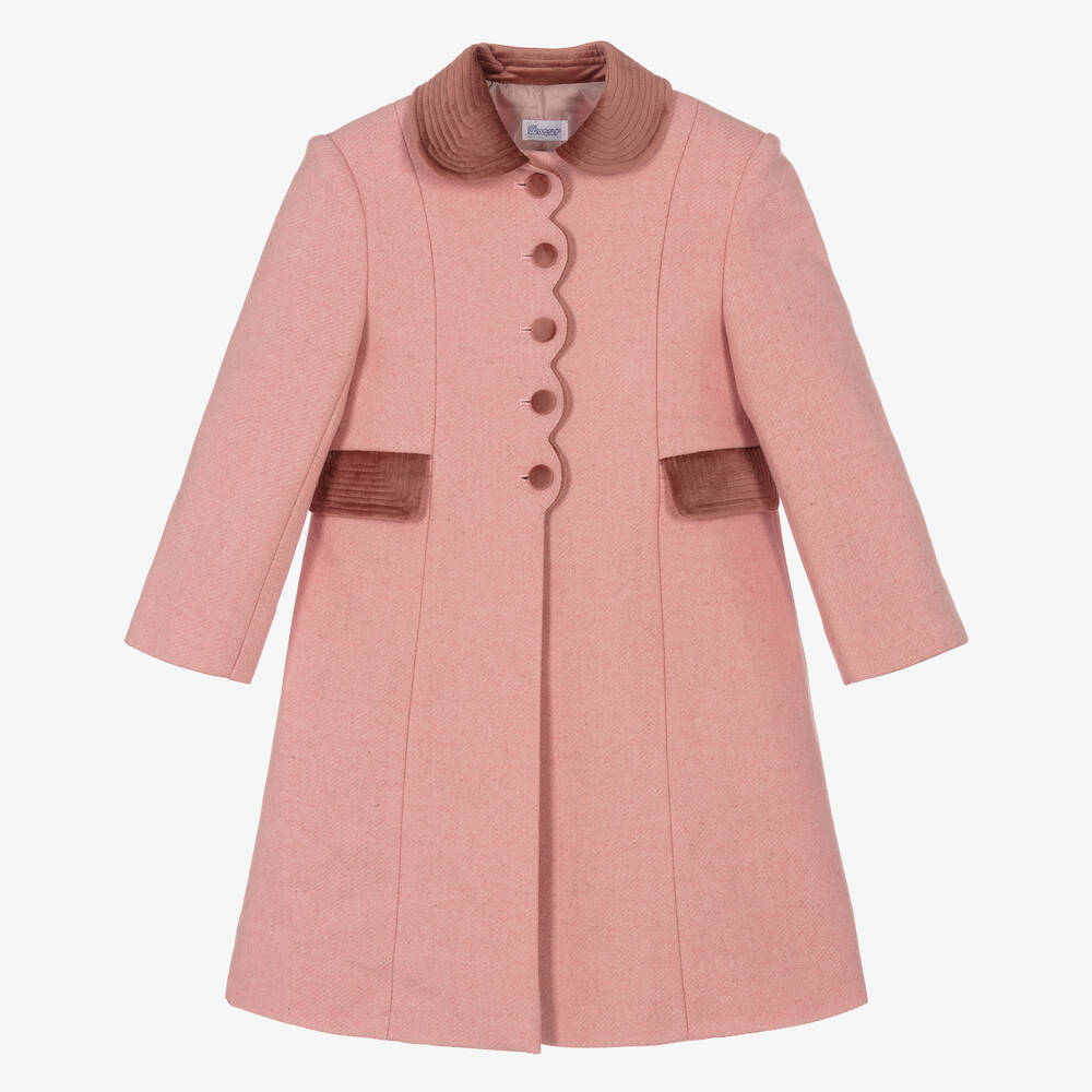 Ancar - Manteau rose en laine et velours fille  | Childrensalon