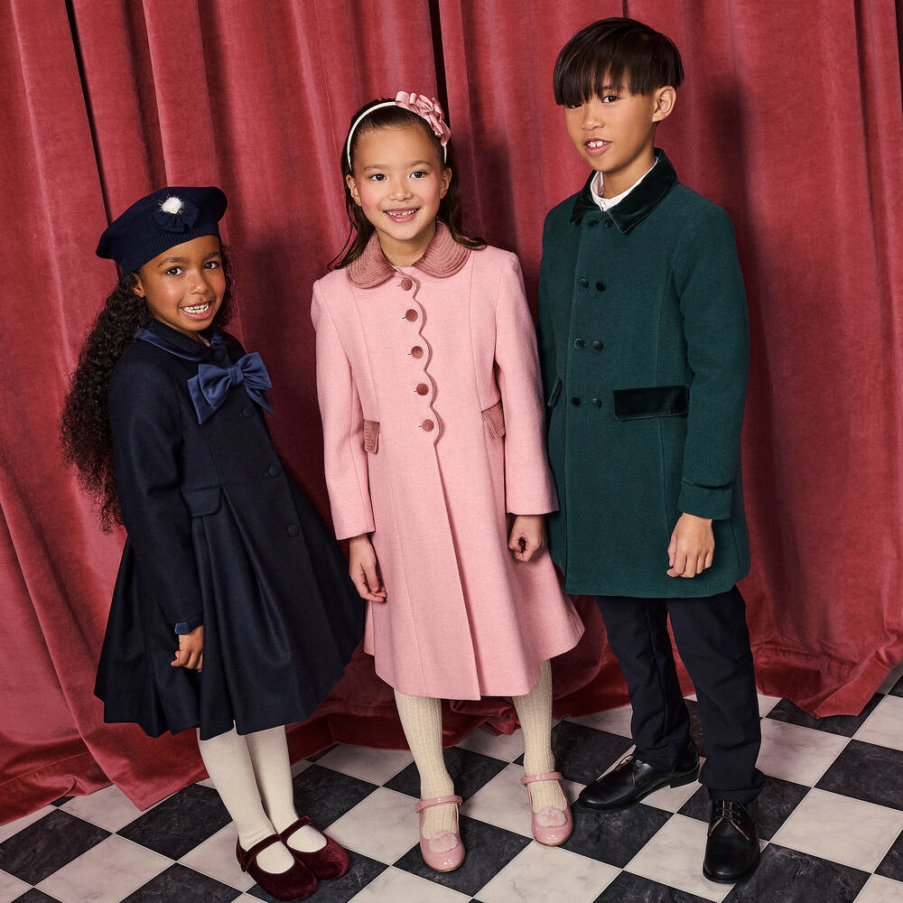 Ancar - Girls Pink Wool & Velvet Coat | Childrensalon