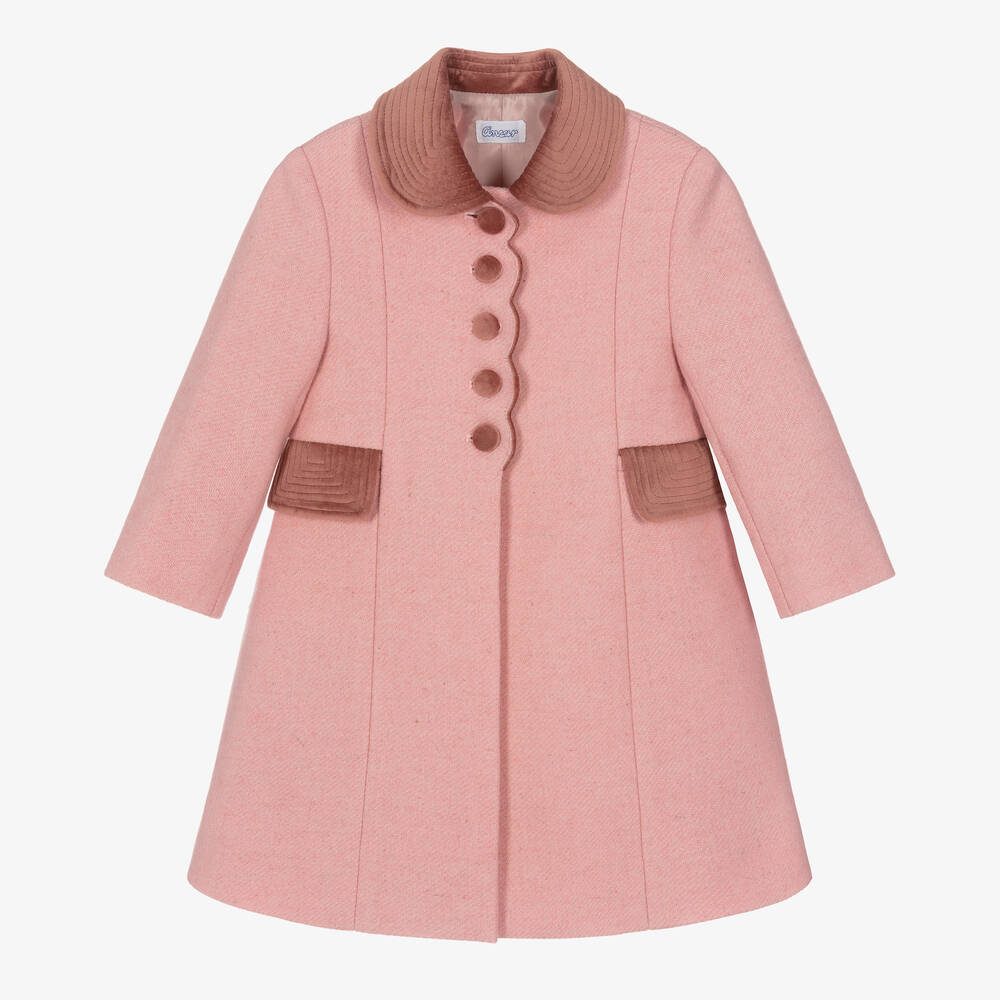 Ancar - Girls Pink Wool & Velvet Coat  | Childrensalon