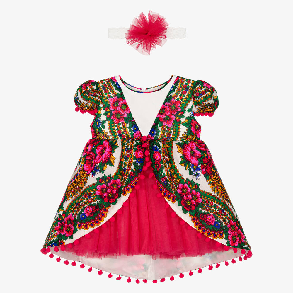 Andreeatex - طقم فستان تول لون زهري بطبعة ورود | Childrensalon