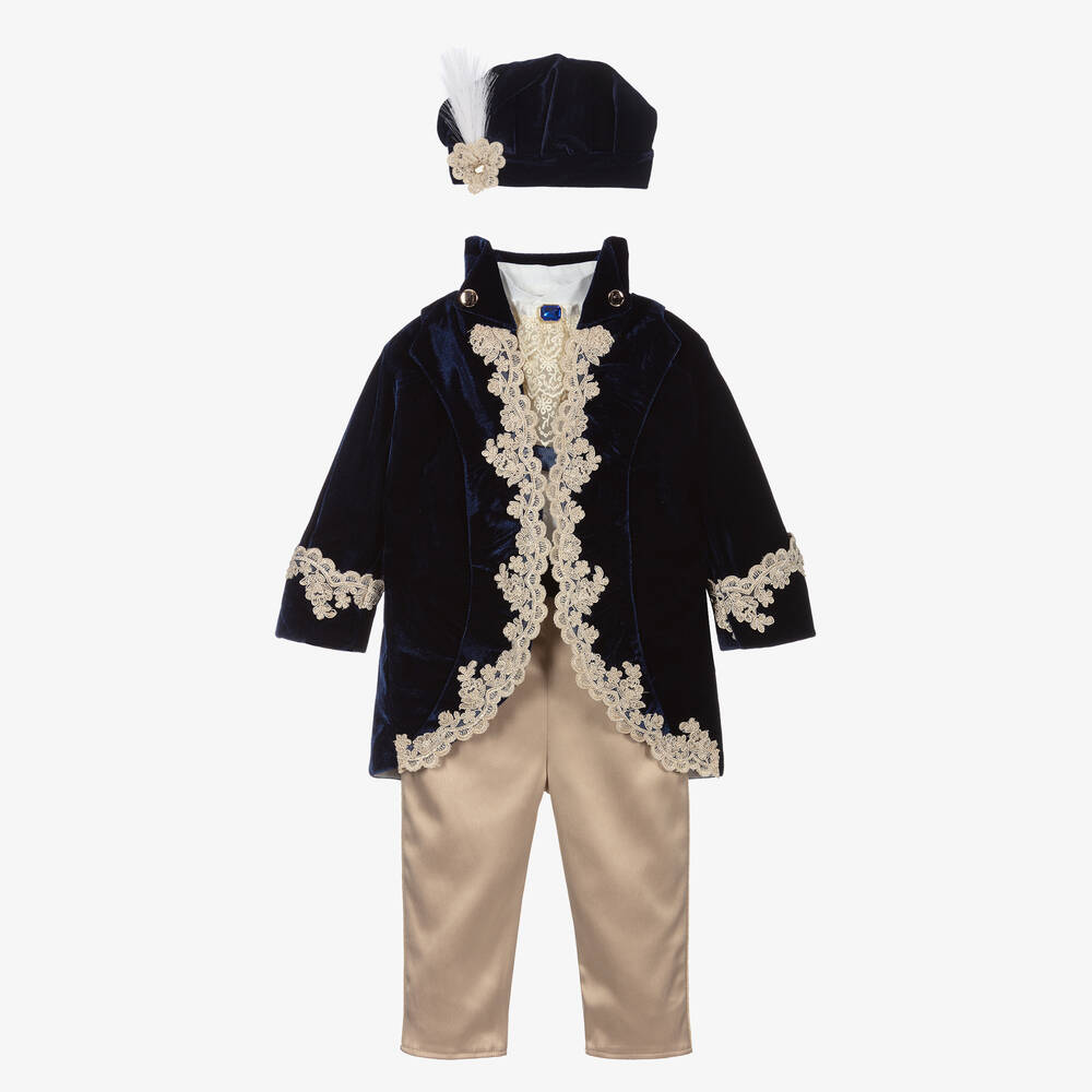 Andreeatex - Costume bleu marine en velours et satin garçon | Childrensalon