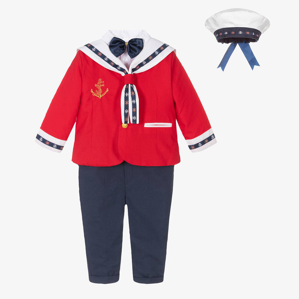 Andreeatex - بدلة ستايل البحّارة كتان لون أحمر وكحلي للأولاد  | Childrensalon